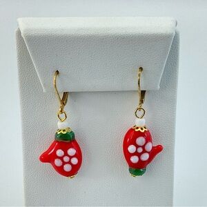 New Red Mitten Earrings, Handmade, Lamp Work Glass, Winter, Christmas Earrings